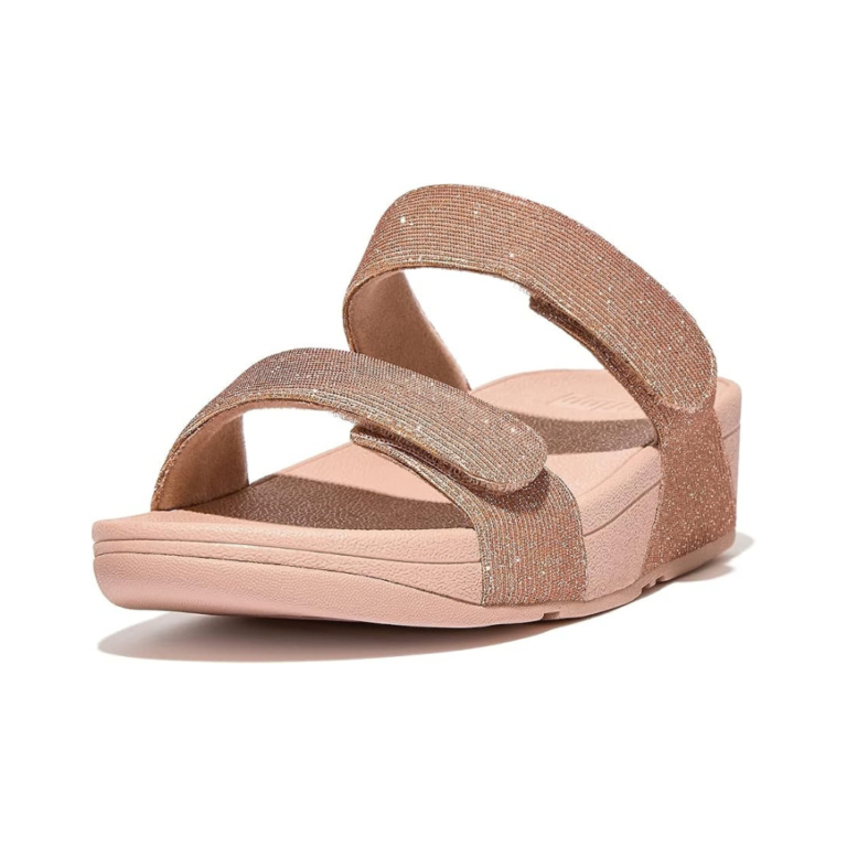 FitFlop Lulu Sparkle Wedge Slides - Rose & Gold