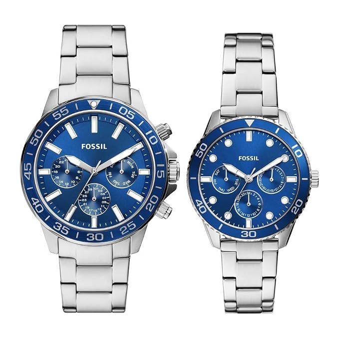 Fossil His and Hers Bannon Multifunction Blue Dial Stainless Steel Watch Box Set
