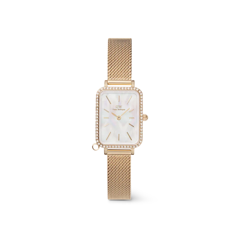 Daniel Wellington Quadro Crystal Watch (White Mother-of-Pearl Dial / Gold Mesh)
