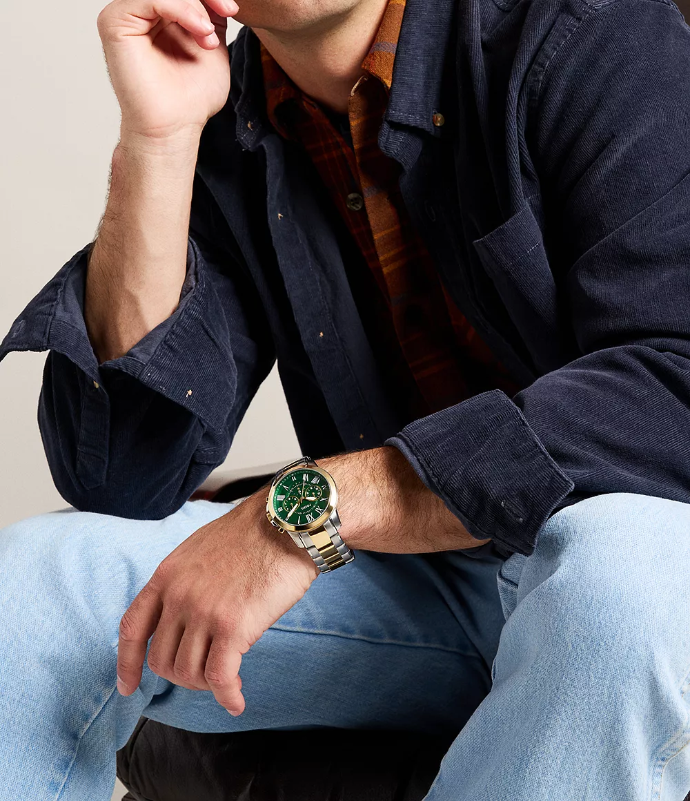 Fossil Grant 44 mm Chronograph Two-Tone Green Dial Stainless Steel Watch - Image 2