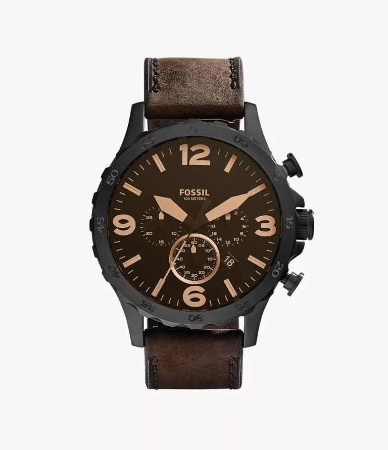 Fossil Nate 50 mm Chronograph Black Dial Brown Leather Watch