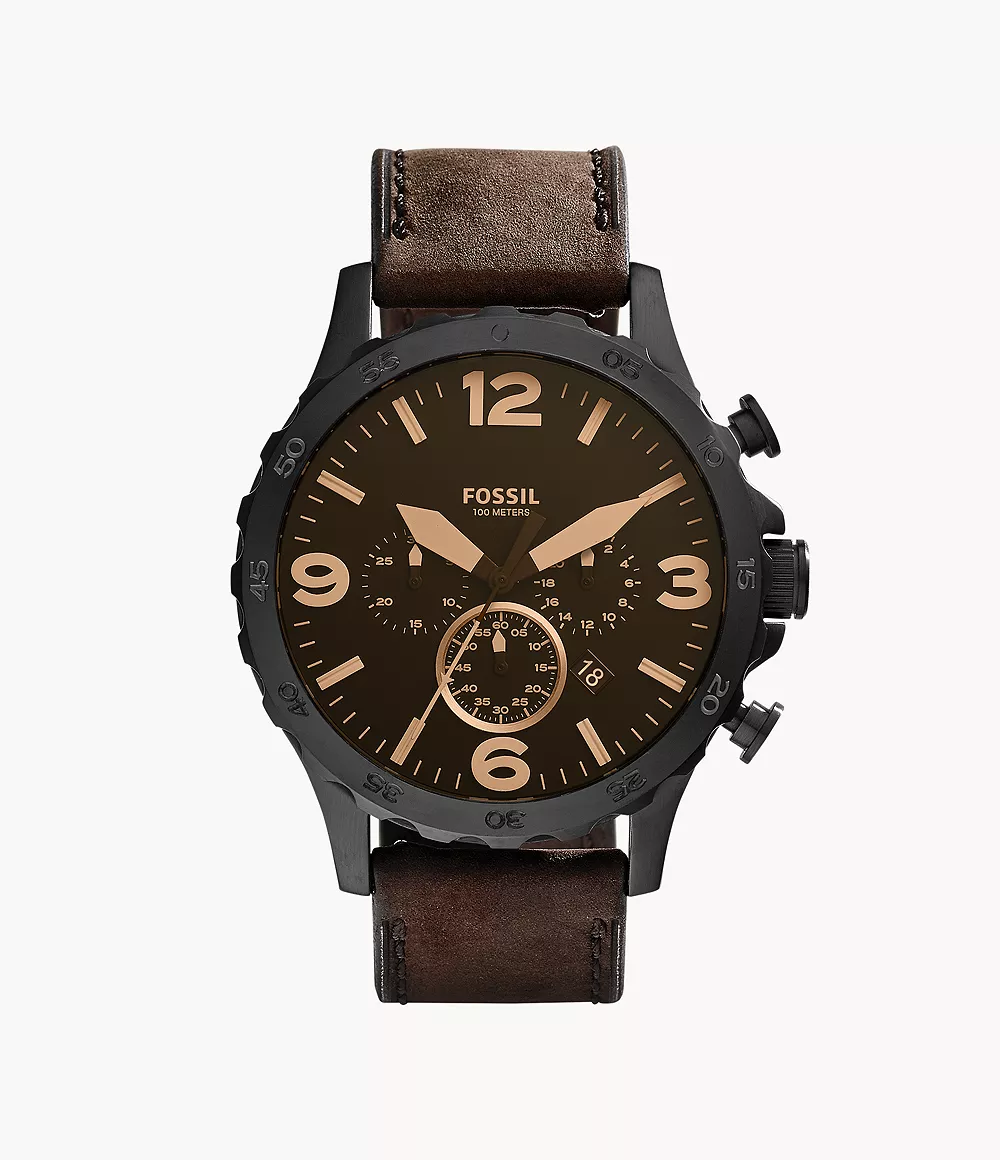 Fossil Nate 50 mm Chronograph Black Dial Brown Leather Watch