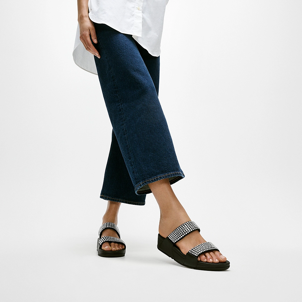 FitFlop Microwobbleboard Embellished Wedge Slides - Black & Silver