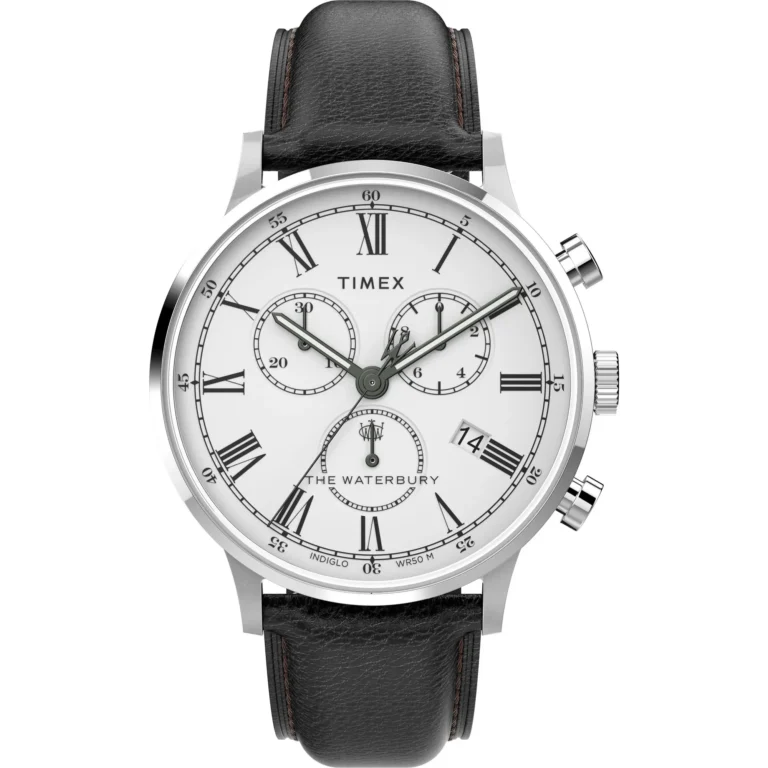 Timex Waterbury Classic Chronograph Men's Watch TW2U88100 – White Dial & Black Leather Strap