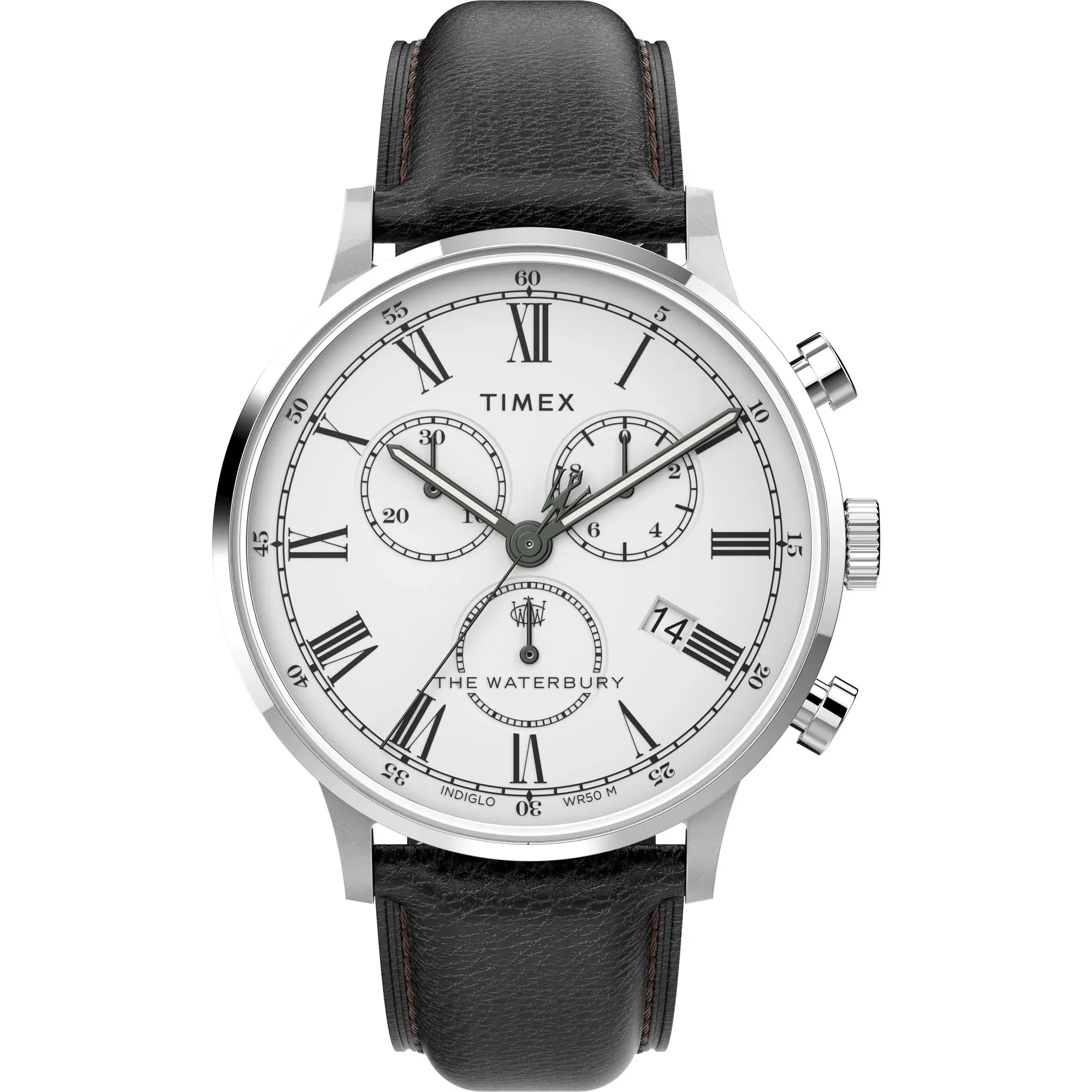 Timex Waterbury Classic Chronograph Men's Watch TW2U88100 – White Dial & Black Leather Strap