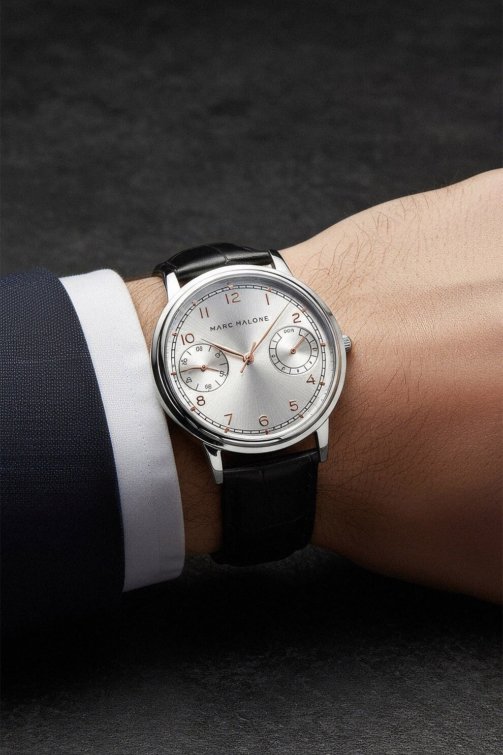 Marc Malone Men's Silver Dial Black Leather Watch (CFS-BC001Q20S)