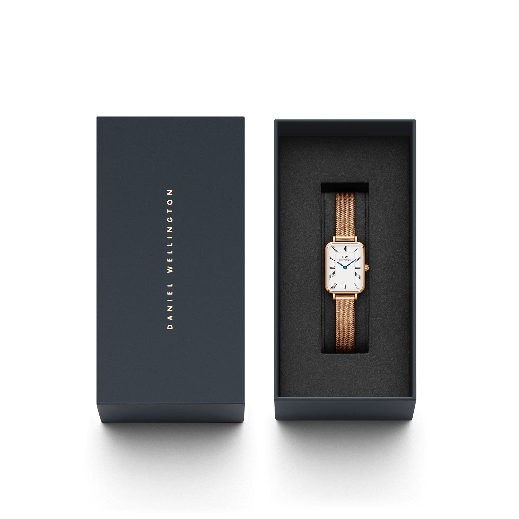 Daniel Wellington Quadro Roman Numerals Melrose Watch (White Dial / Rose Gold Mesh)