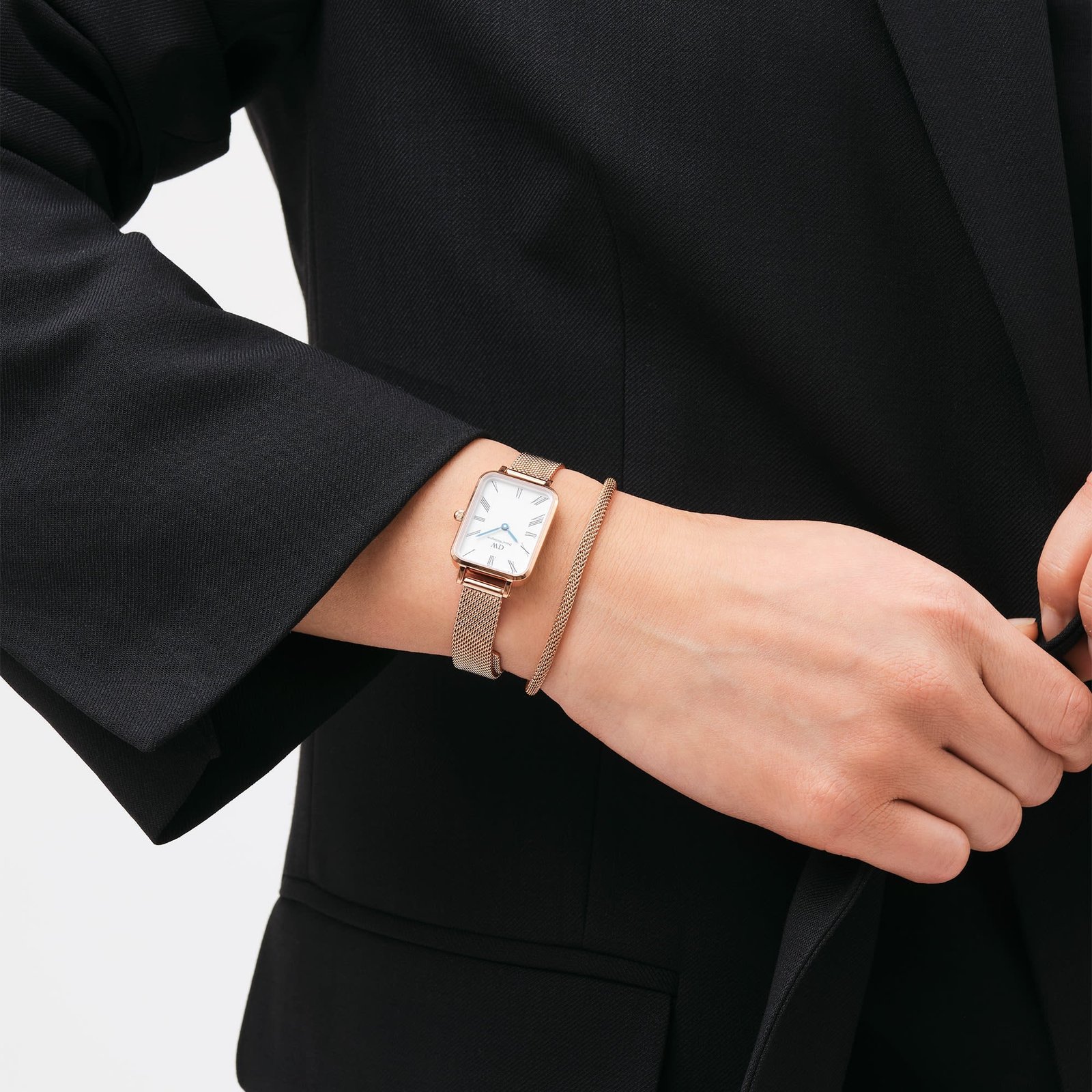 Daniel Wellington Quadro Roman Numerals Melrose Watch (White Dial / Rose Gold Mesh) - Image 2