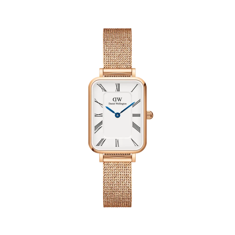 Daniel Wellington Quadro Roman Numerals Melrose Watch (White Dial / Rose Gold Mesh)