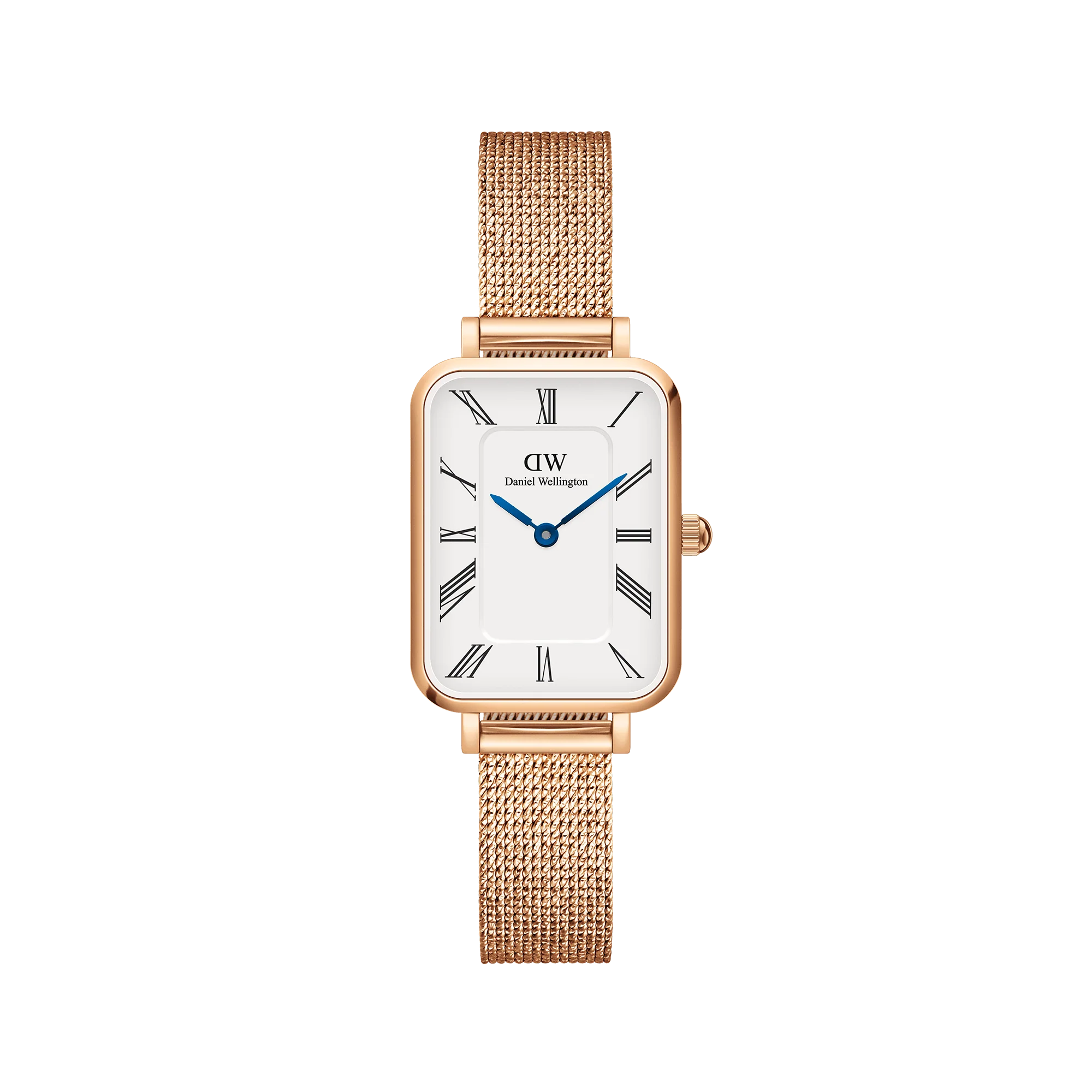 Daniel Wellington Quadro Roman Numerals Melrose Watch (White Dial / Rose Gold Mesh)