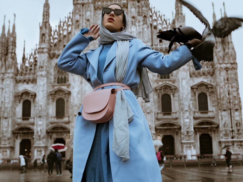 Woman in a blue coat in Milan