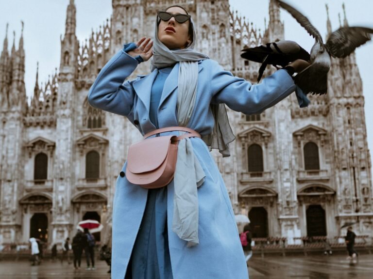 Woman in a blue coat in Milan
